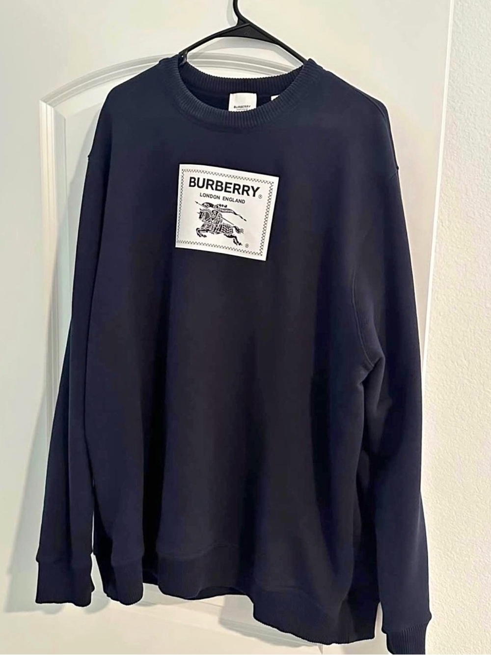 Burberry Men's Navy Crewneck Sweatshirt with Front Logo Patch